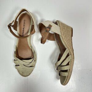 Lucky Brand KALLEY Wedge Heel Espadrille Sandals Shoes Natural Beige Sz 7M Flaw